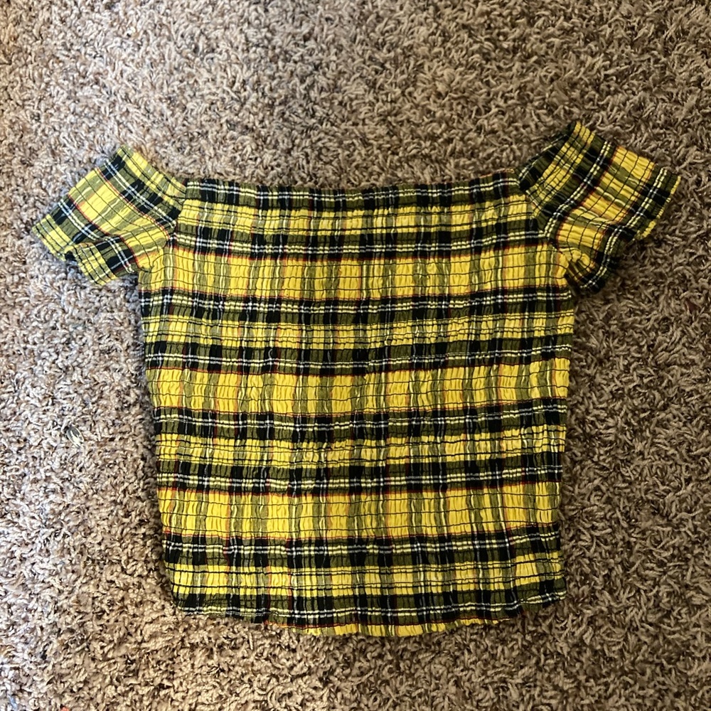 yellow plaid, off the shoulder, crop top